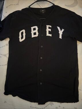 Obey Men’s Black Button-Up Jersey with White Lettering